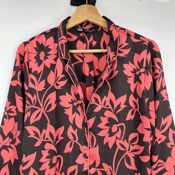 ZARA | Coral Chocolate Brown Botanical Floral Matching Satin Pajama Set M - Picture 5 of 13